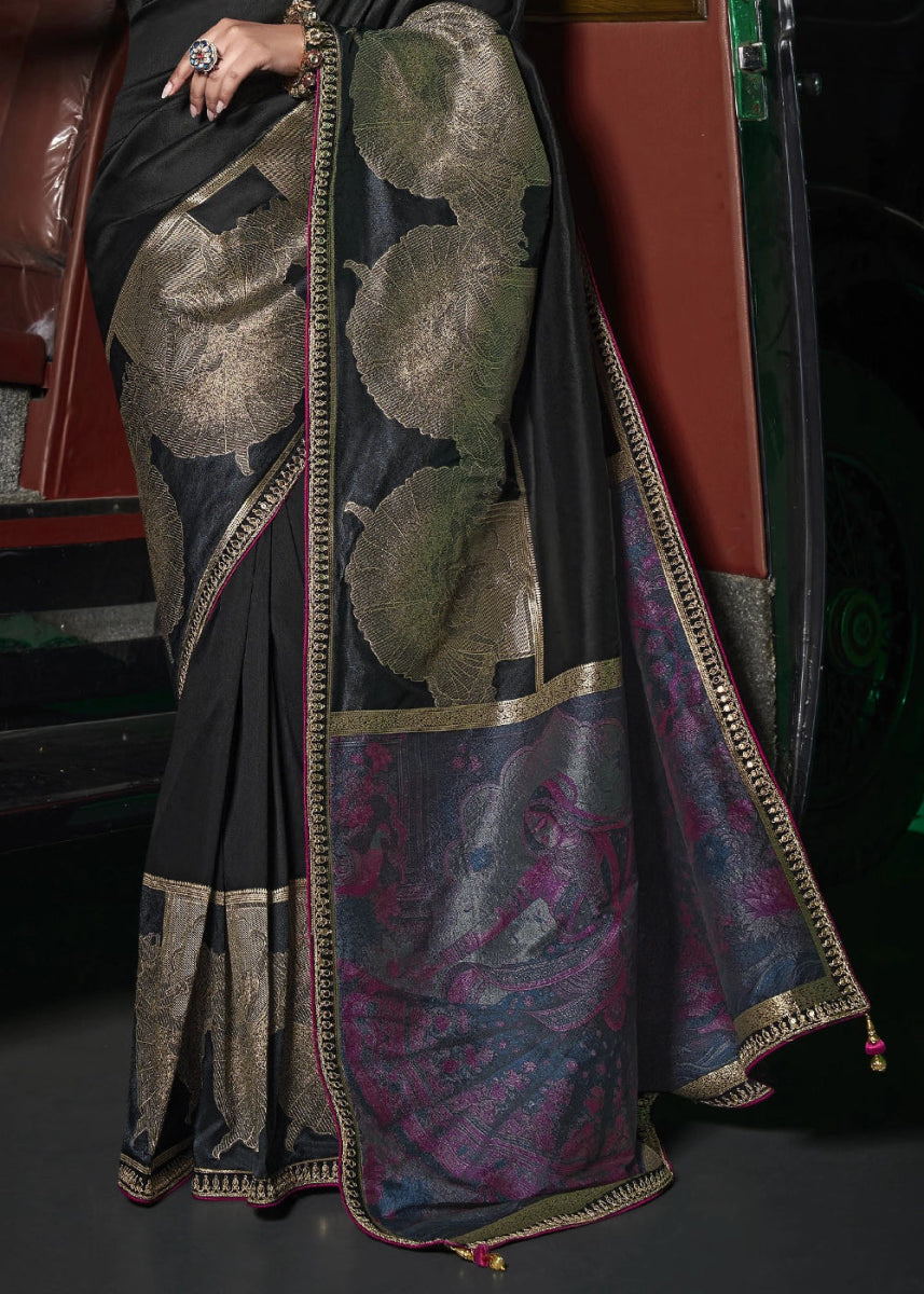 Onyx Black Banarasi Silk Saree with Artistic Woven Pallu & Embellished Blouse - House of Sarvati LLC