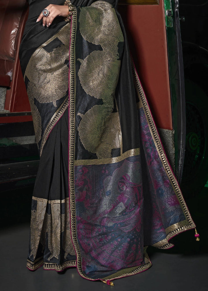 Onyx Black Banarasi Silk Saree with Artistic Woven Pallu & Embellished Blouse - House of Sarvati LLC