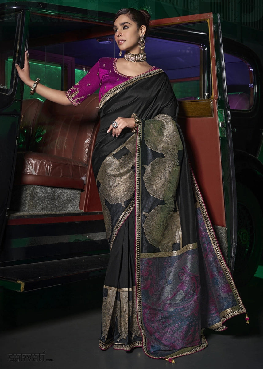Onyx Black Banarasi Silk Saree with Artistic Woven Pallu & Embellished Blouse - House of Sarvati LLC