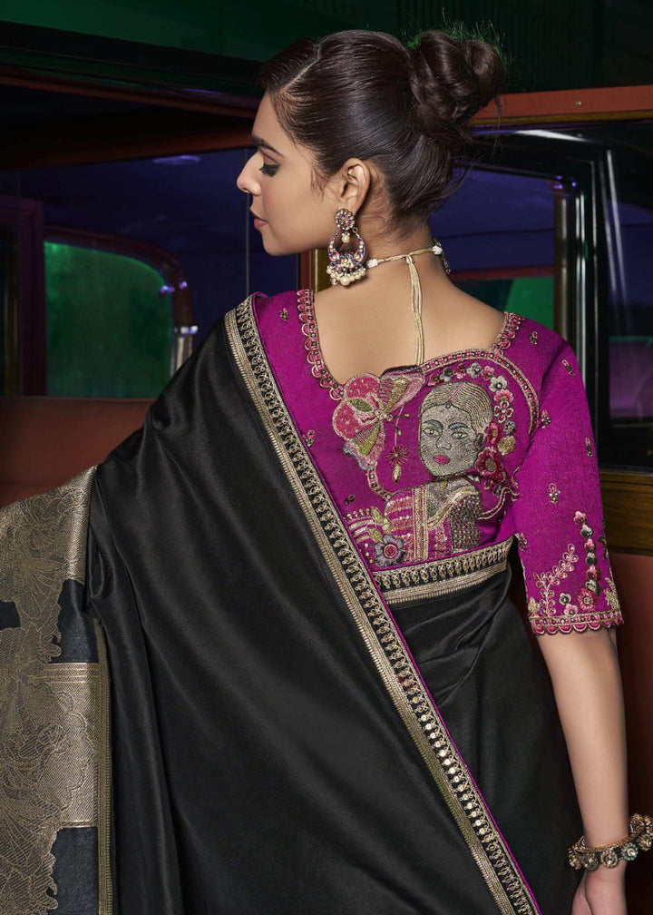 Onyx Black Banarasi Silk Saree with Artistic Woven Pallu & Embellished Blouse - House of Sarvati LLC