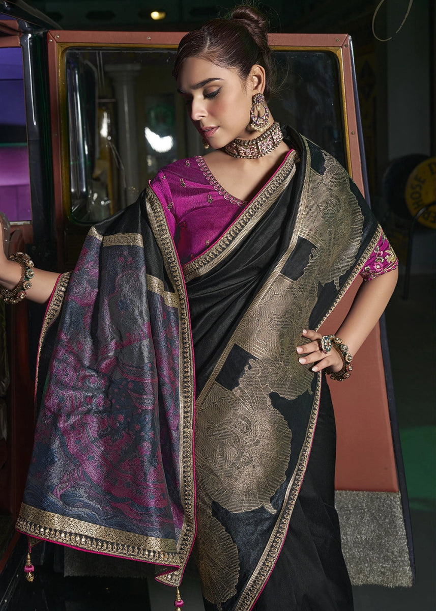 Onyx Black Banarasi Silk Saree with Artistic Woven Pallu & Embellished Blouse - House of Sarvati LLC