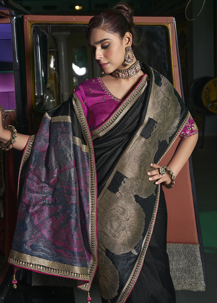 Onyx Black Banarasi Silk Saree with Artistic Woven Pallu & Embellished Blouse - House of Sarvati LLC