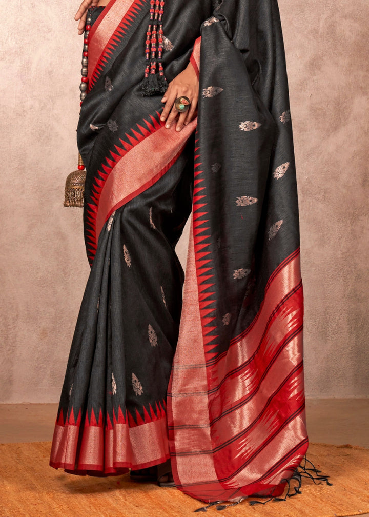 Onyx Black Bhagalpuri Silk Saree with Handcrafted Gadwal Border - House of Sarvati LLC