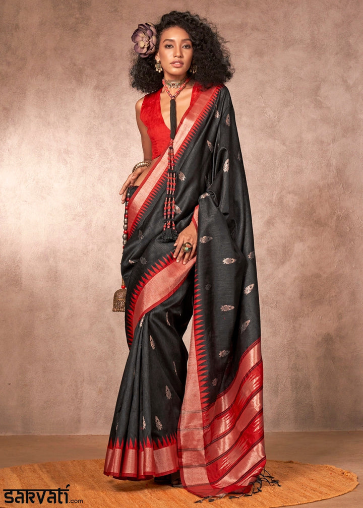 Onyx Black Bhagalpuri Silk Saree with Handcrafted Gadwal Border - House of Sarvati LLC