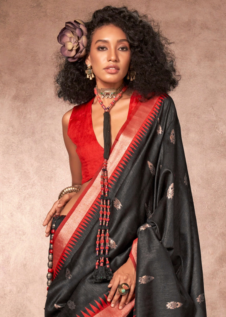 Onyx Black Bhagalpuri Silk Saree with Handcrafted Gadwal Border - House of Sarvati LLC