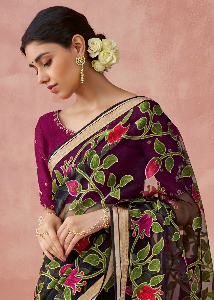 Onyx Black Brasso Organza Saree with Designer Embroidered Blouse - House of Sarvati LLC