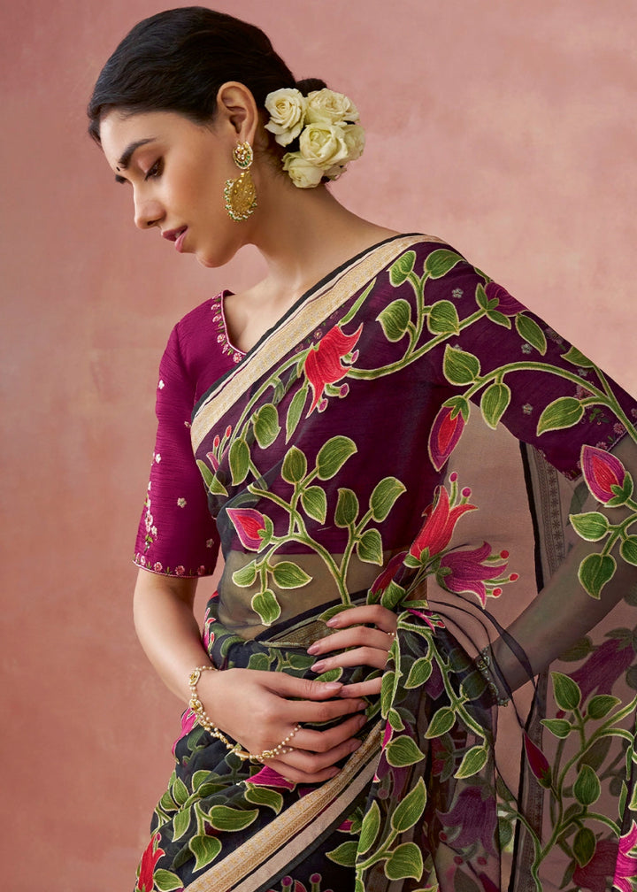Onyx Black Brasso Organza Saree with Designer Embroidered Blouse - House of Sarvati LLC