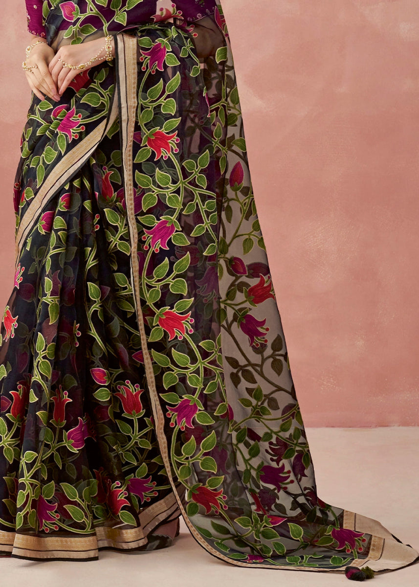 Onyx Black Brasso Organza Saree with Designer Embroidered Blouse - House of Sarvati LLC