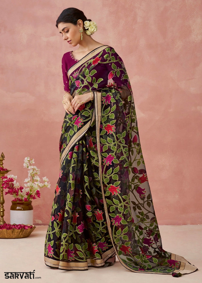 Onyx Black Brasso Organza Saree with Designer Embroidered Blouse - House of Sarvati LLC