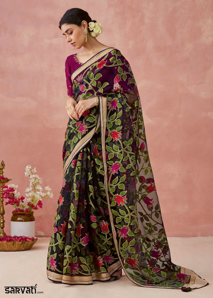 Onyx Black Brasso Organza Saree with Designer Embroidered Blouse - House of Sarvati LLC
