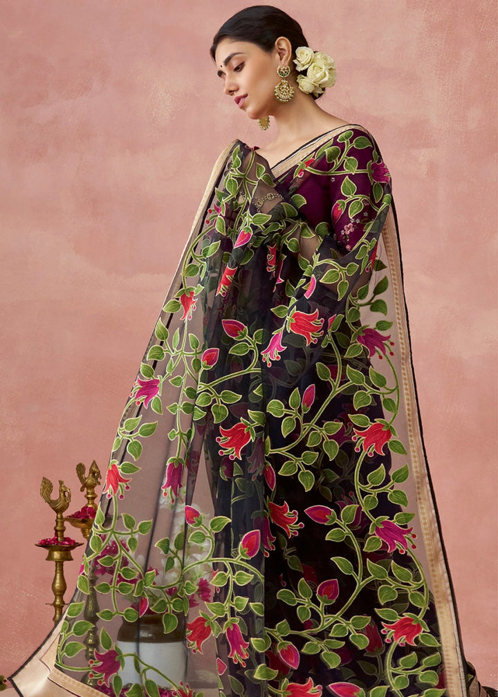 Onyx Black Brasso Organza Saree with Designer Embroidered Blouse - House of Sarvati LLC