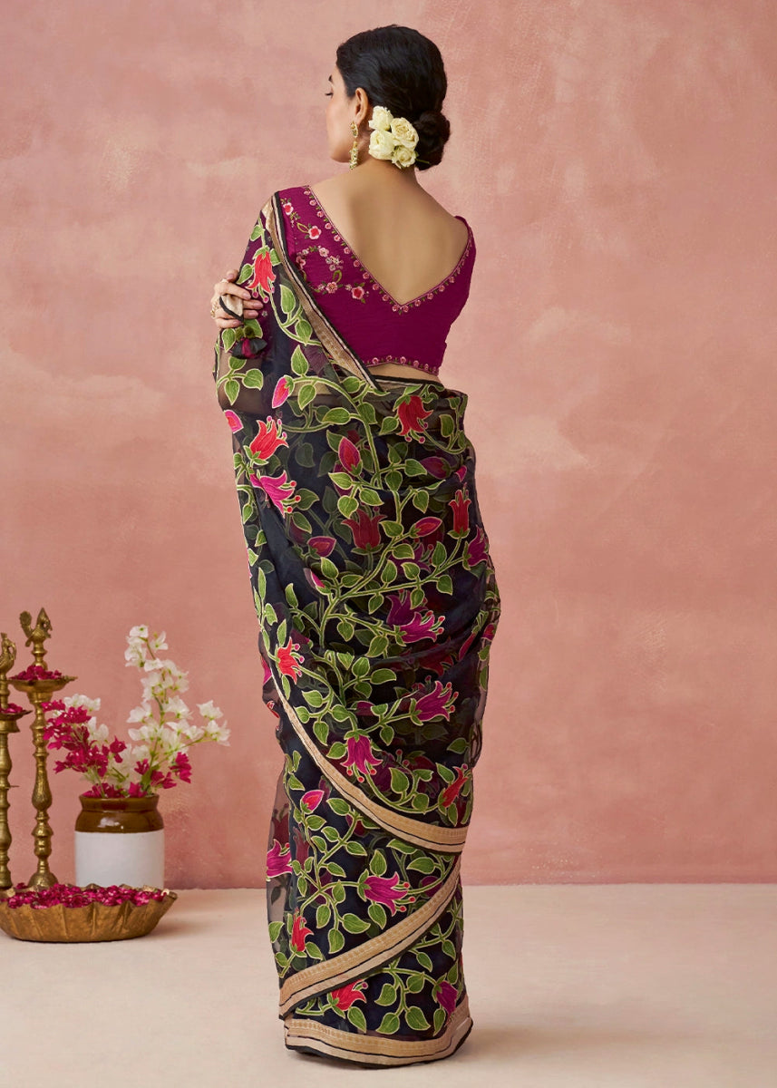 Onyx Black Brasso Organza Saree with Designer Embroidered Blouse - House of Sarvati LLC