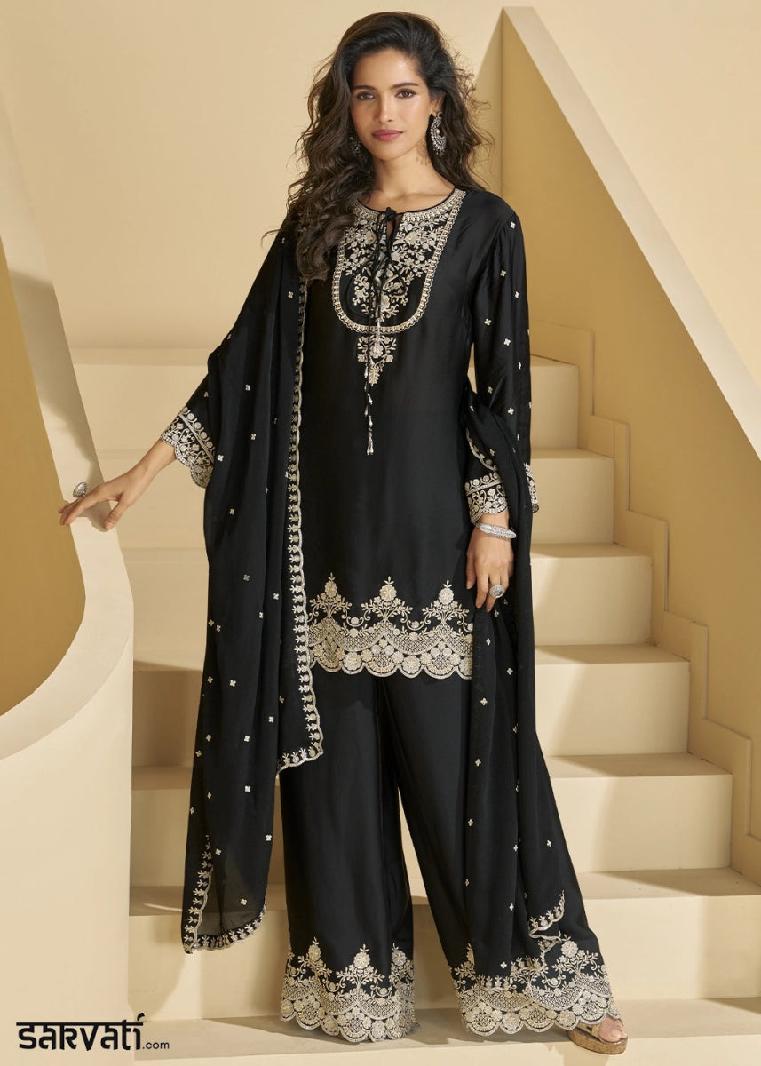 Onyx Black Chinon Silk Palazzo Set Featuring Fine Embroidery And Flowing Silhouette - House of Sarvati LLC
