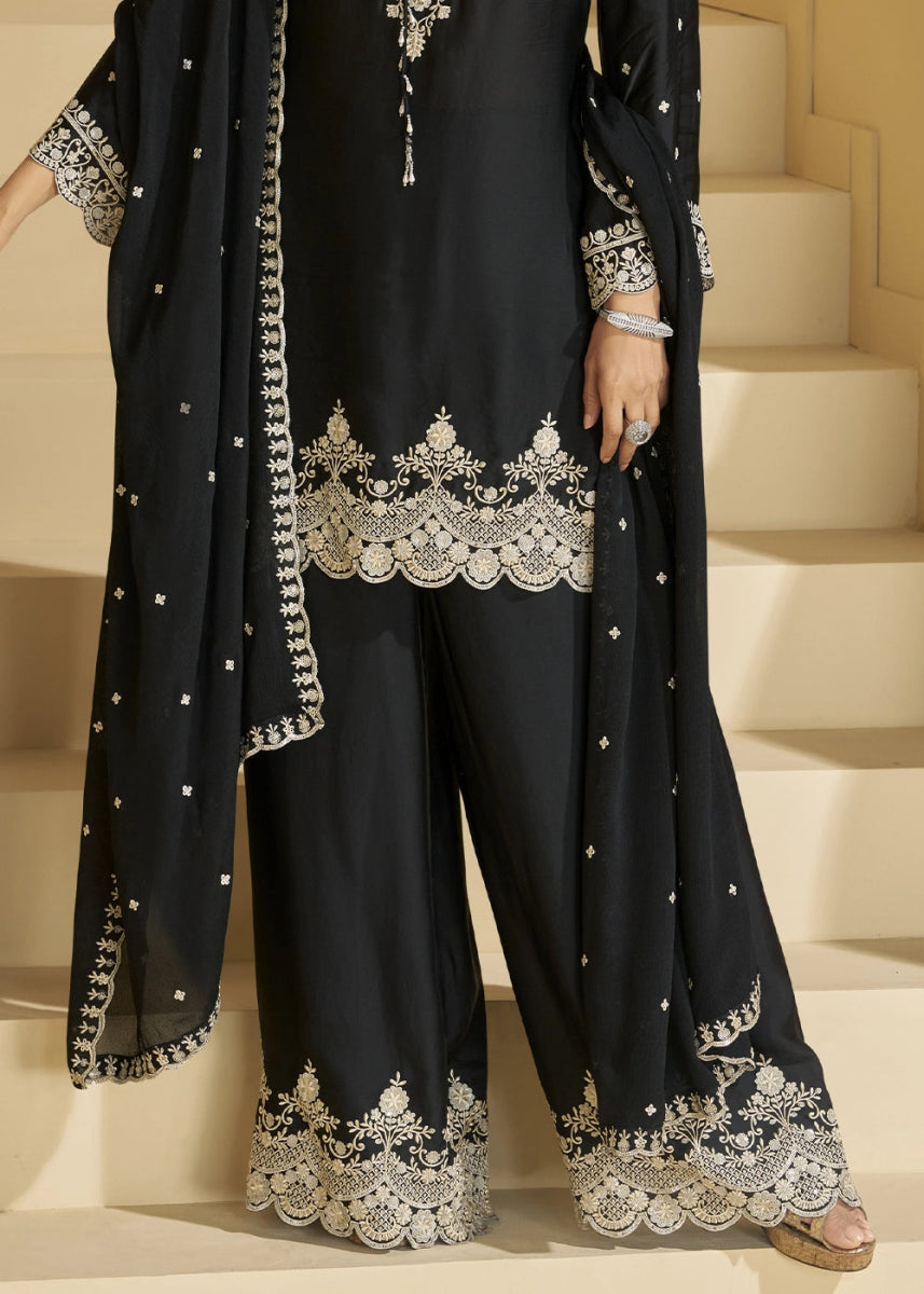 Onyx Black Chinon Silk Palazzo Set Featuring Fine Embroidery And Flowing Silhouette - House of Sarvati LLC