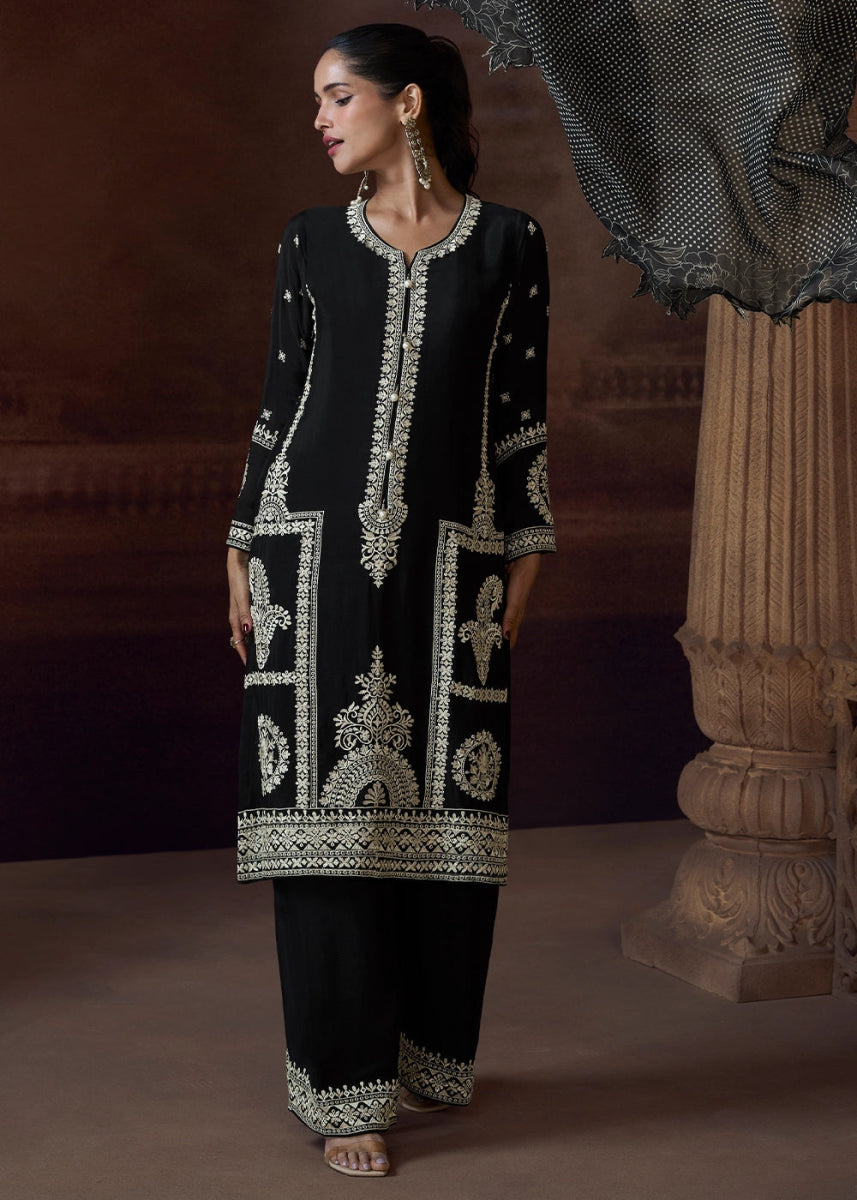 Onyx Black Chinon Silk Pant Suit with Intricate Embroidery: Eid Edition - House of Sarvati LLC