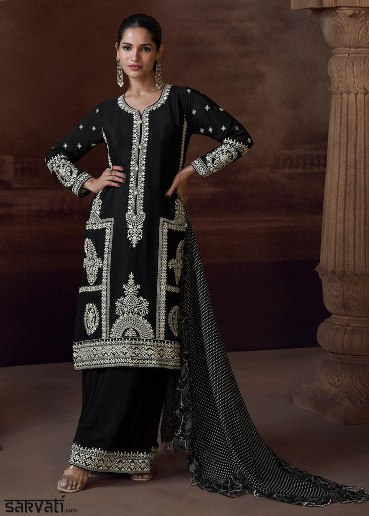 Onyx Black Chinon Silk Pant Suit with Intricate Embroidery: Eid Edition - House of Sarvati LLC