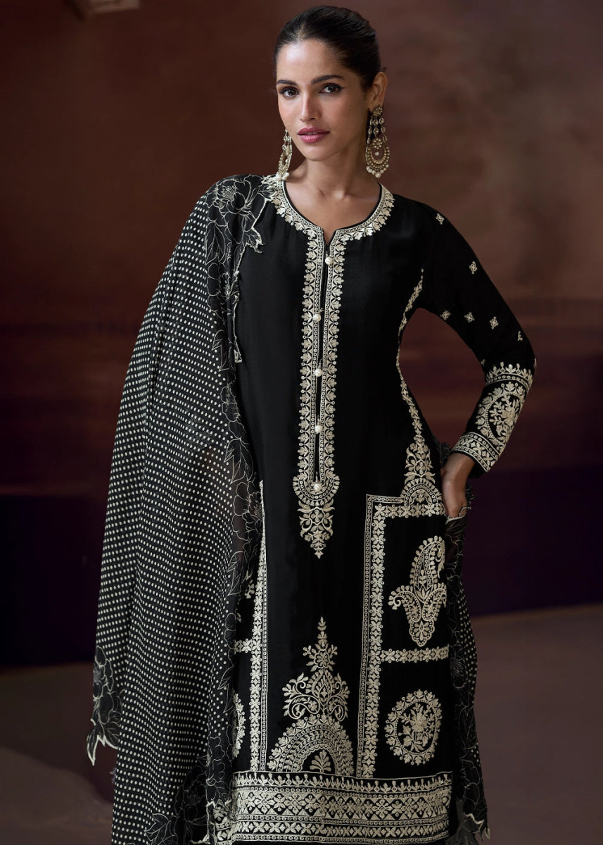 Onyx Black Chinon Silk Pant Suit with Intricate Embroidery: Eid Edition - House of Sarvati LLC