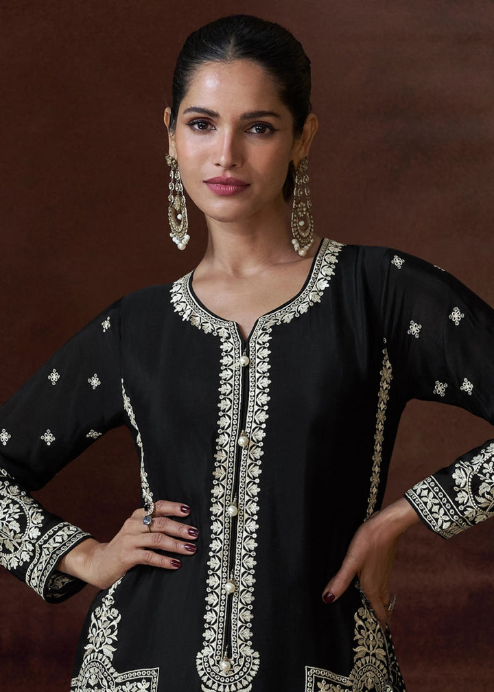 Onyx Black Chinon Silk Pant Suit with Intricate Embroidery: Eid Edition - House of Sarvati LLC