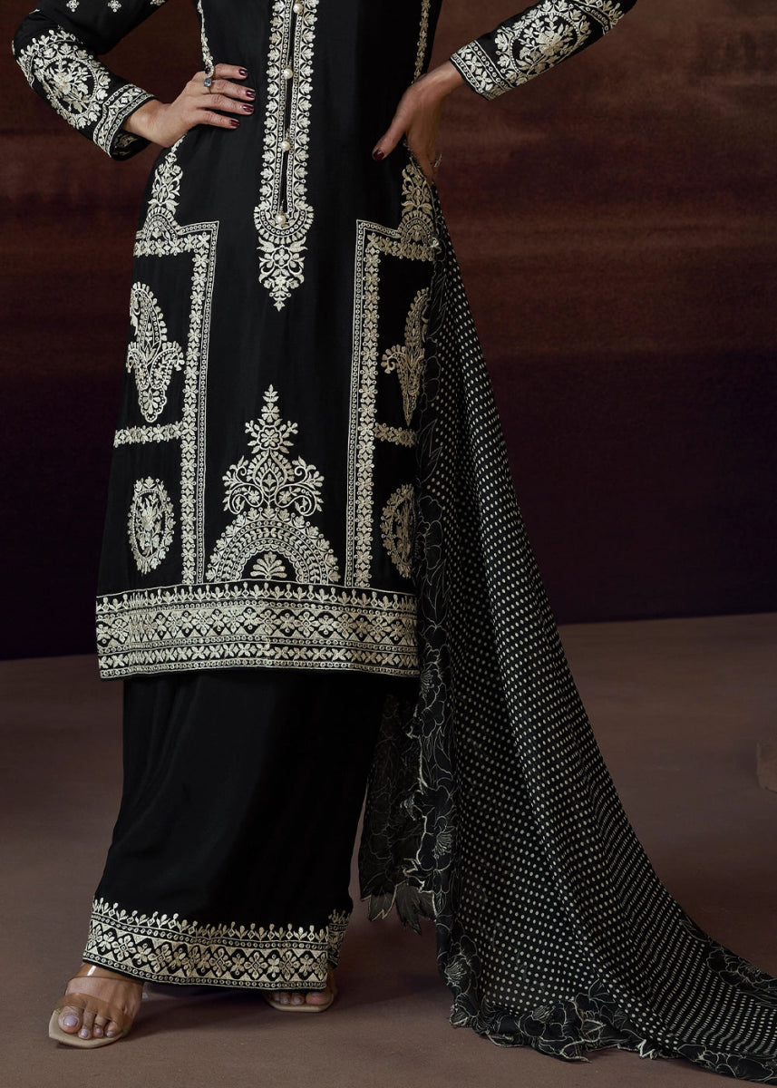 Onyx Black Chinon Silk Pant Suit with Intricate Embroidery: Eid Edition - House of Sarvati LLC