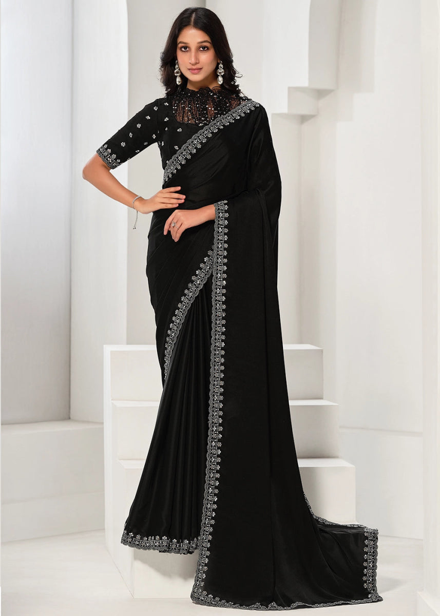 Onyx Black Crepe Satin Silk Saree with Luxurious Zardosi Detailing - House of Sarvati LLC