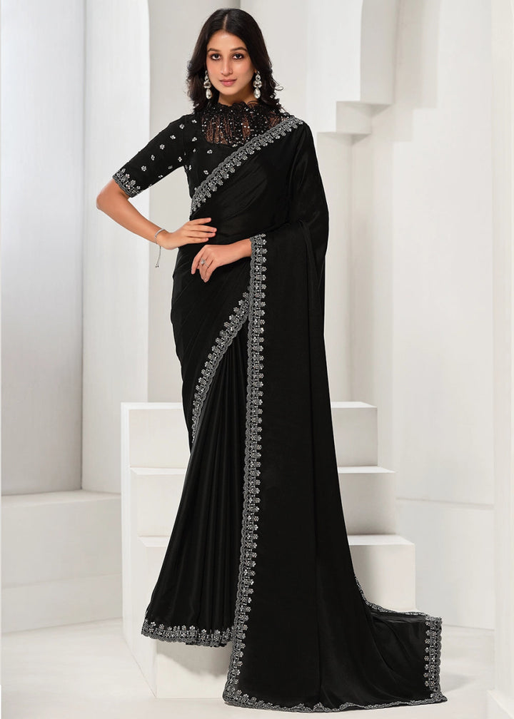 Onyx Black Crepe Satin Silk Saree with Luxurious Zardosi Detailing - House of Sarvati LLC