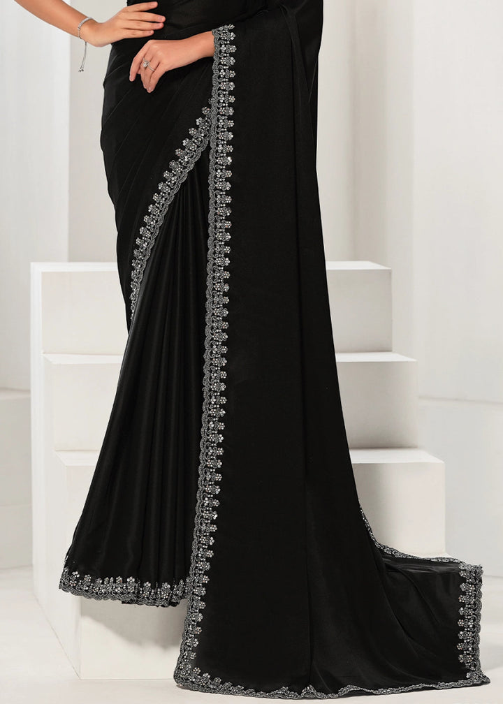 Onyx Black Crepe Satin Silk Saree with Luxurious Zardosi Detailing - House of Sarvati LLC