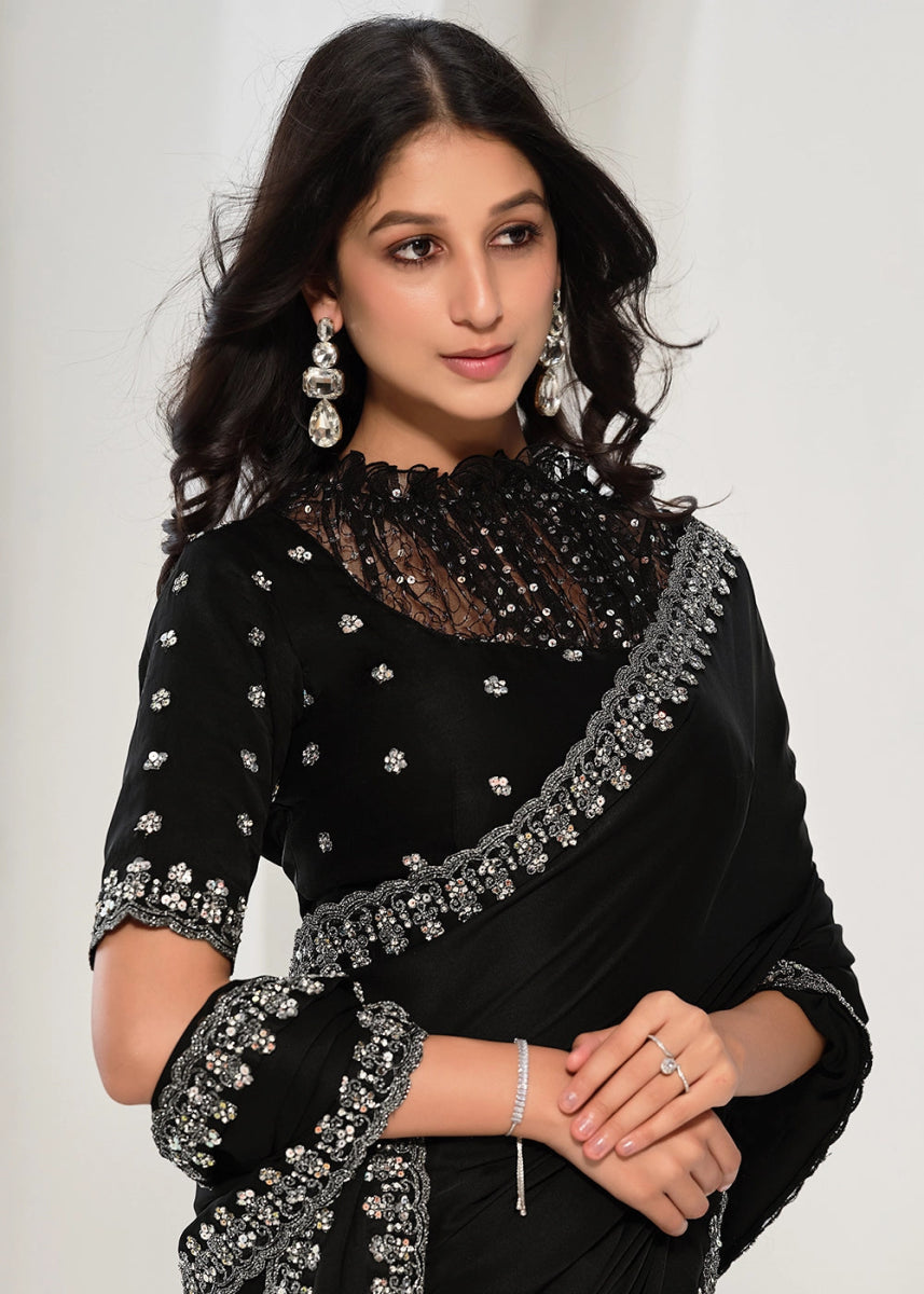 Onyx Black Crepe Satin Silk Saree with Luxurious Zardosi Detailing - House of Sarvati LLC