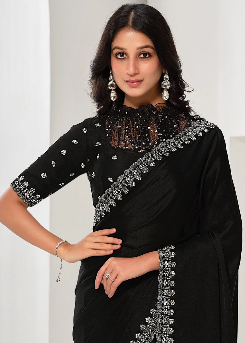 Onyx Black Crepe Satin Silk Saree with Luxurious Zardosi Detailing - House of Sarvati LLC