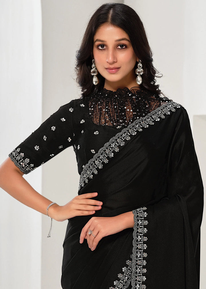 Onyx Black Crepe Satin Silk Saree with Luxurious Zardosi Detailing - House of Sarvati LLC