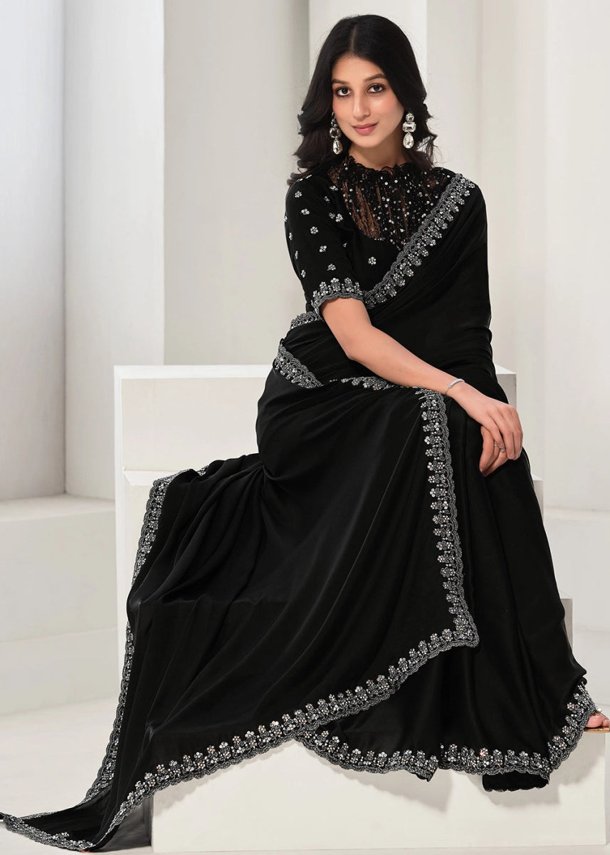 Onyx Black Crepe Satin Silk Saree with Luxurious Zardosi Detailing - House of Sarvati LLC