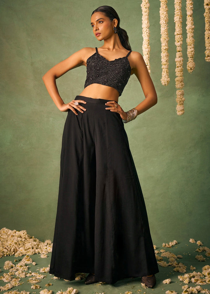 Onyx Black Palazzo Set with Sheer Organza Cape & Embroidery - House of Sarvati LLC