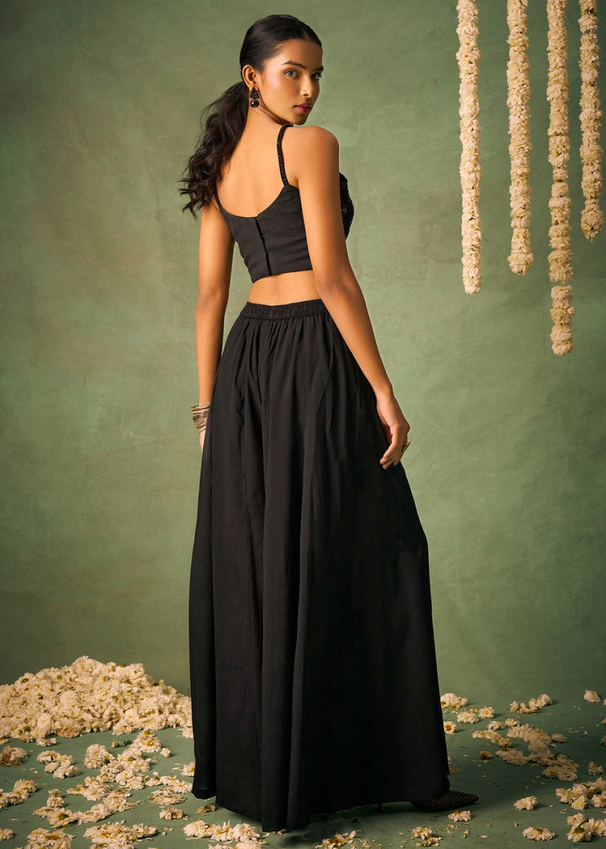 Onyx Black Palazzo Set with Sheer Organza Cape & Embroidery - House of Sarvati LLC
