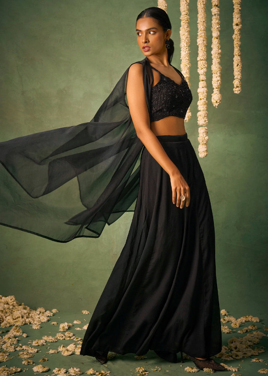 Onyx Black Palazzo Set with Sheer Organza Cape & Embroidery - House of Sarvati LLC