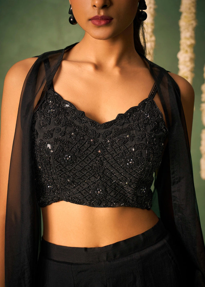 Onyx Black Palazzo Set with Sheer Organza Cape & Embroidery - House of Sarvati LLC
