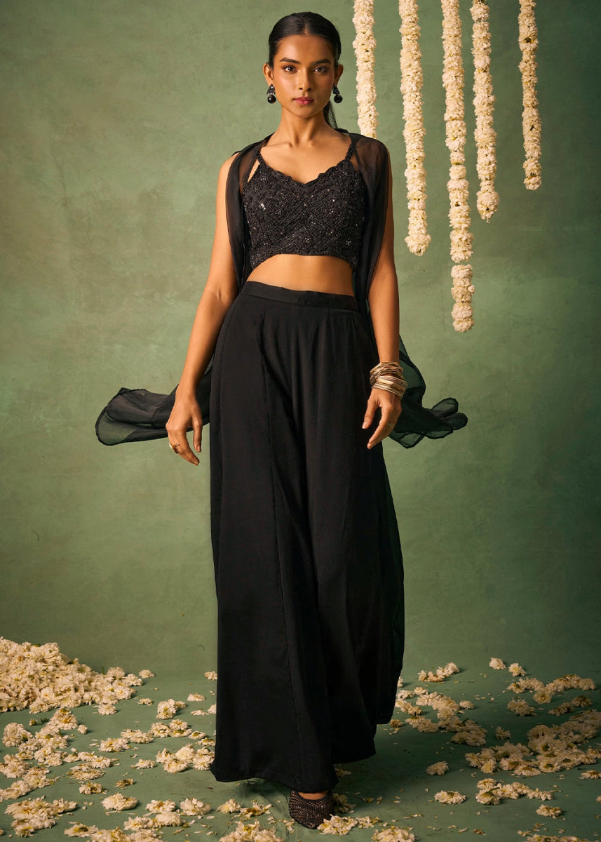 Onyx Black Palazzo Set with Sheer Organza Cape & Embroidery - House of Sarvati LLC