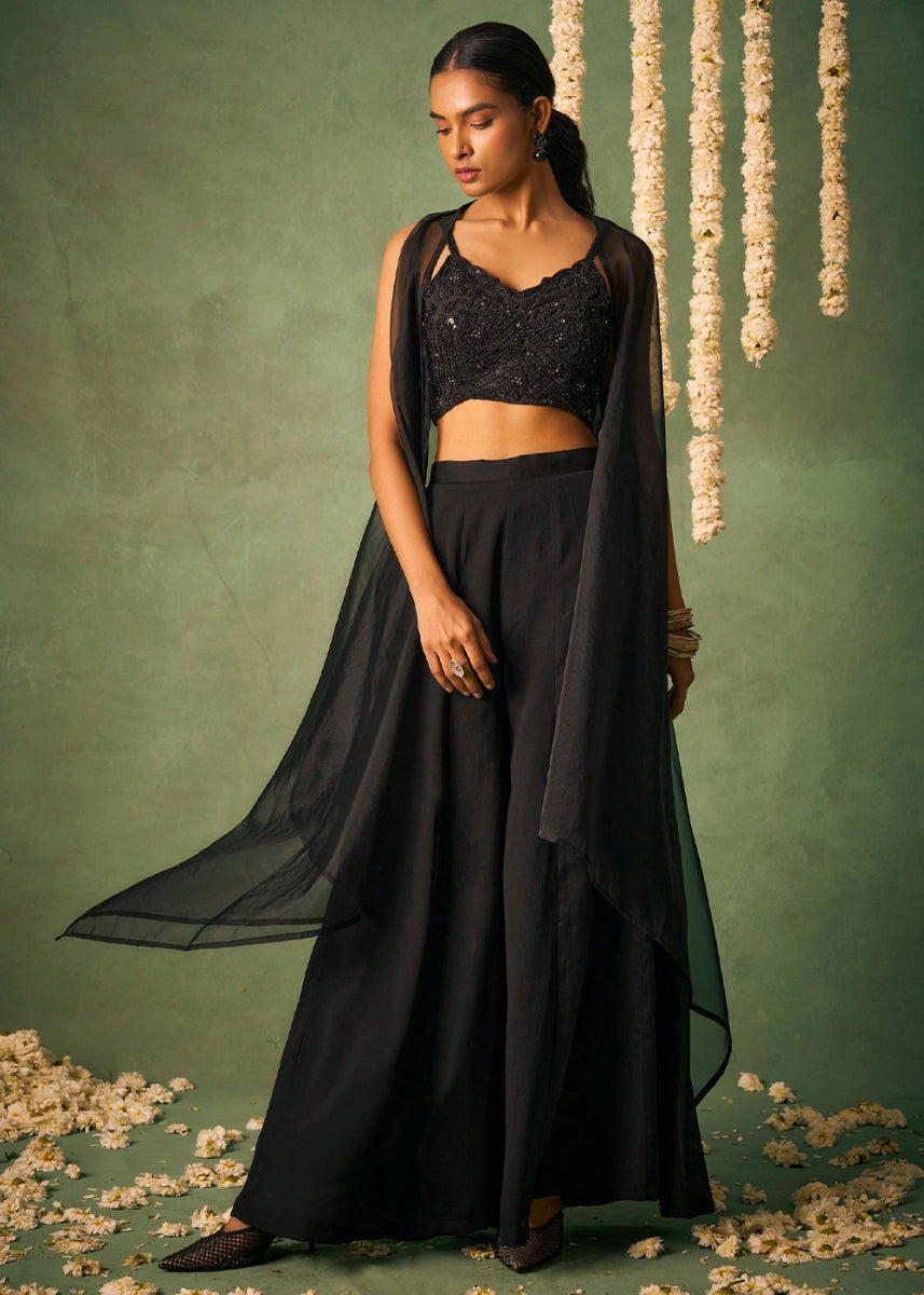 Onyx Black Palazzo Set with Sheer Organza Cape & Embroidery - House of Sarvati LLC