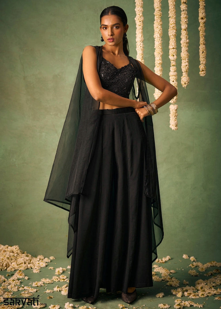 Onyx Black Palazzo Set with Sheer Organza Cape & Embroidery - House of Sarvati LLC