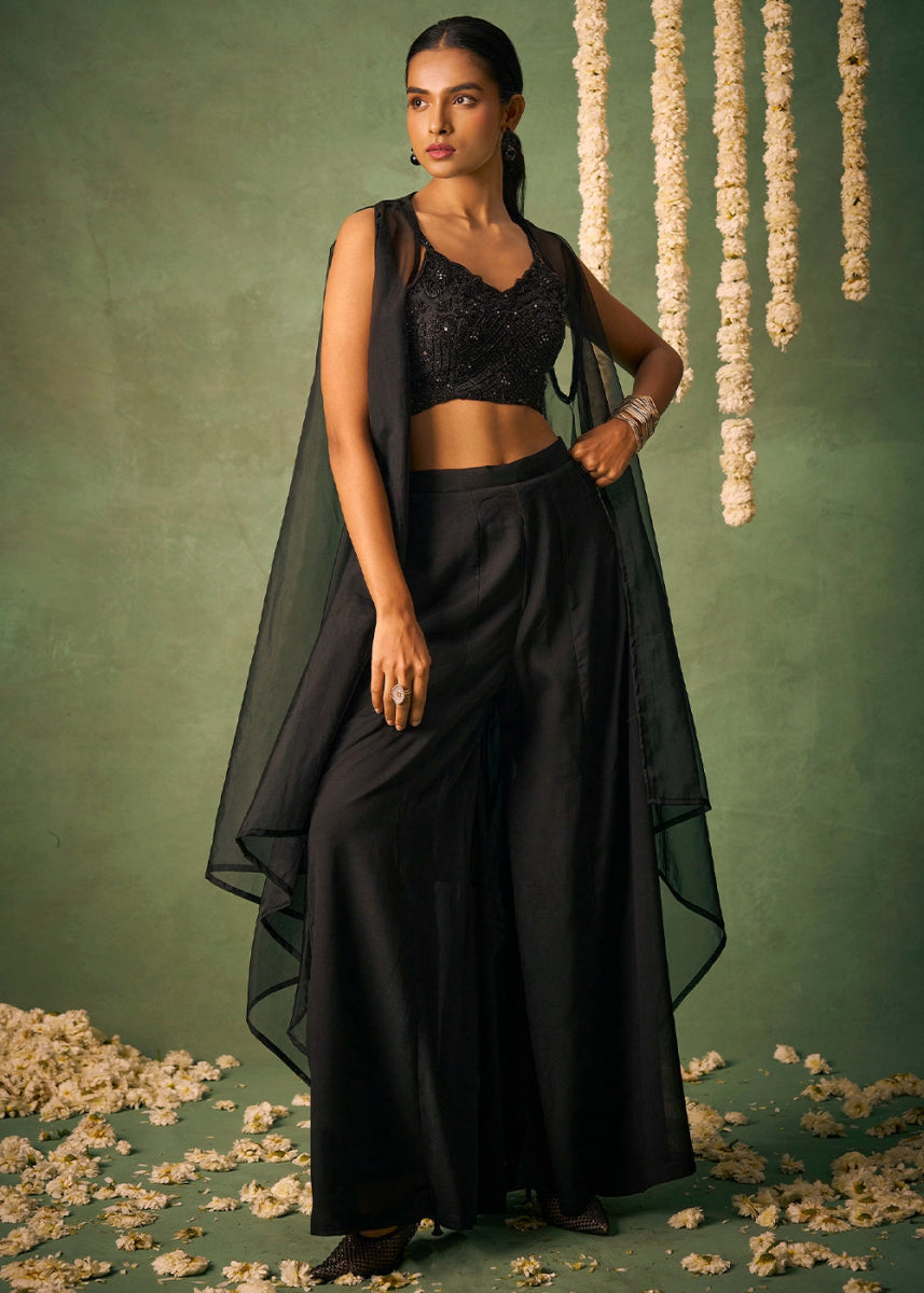 Onyx Black Palazzo Set with Sheer Organza Cape & Embroidery - House of Sarvati LLC