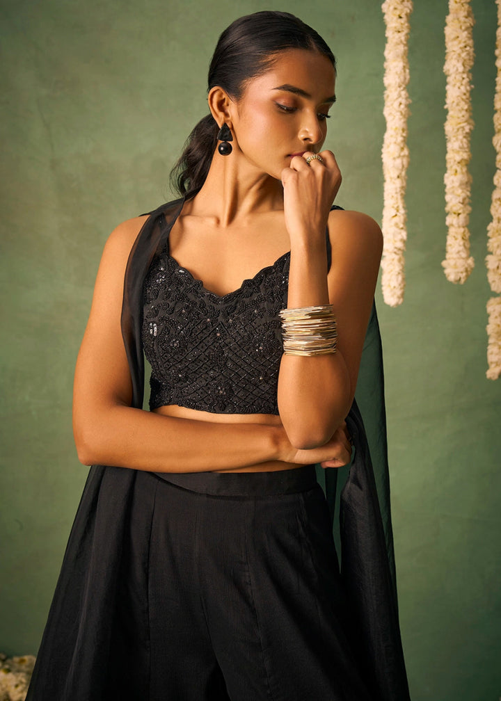 Onyx Black Palazzo Set with Sheer Organza Cape & Embroidery - House of Sarvati LLC
