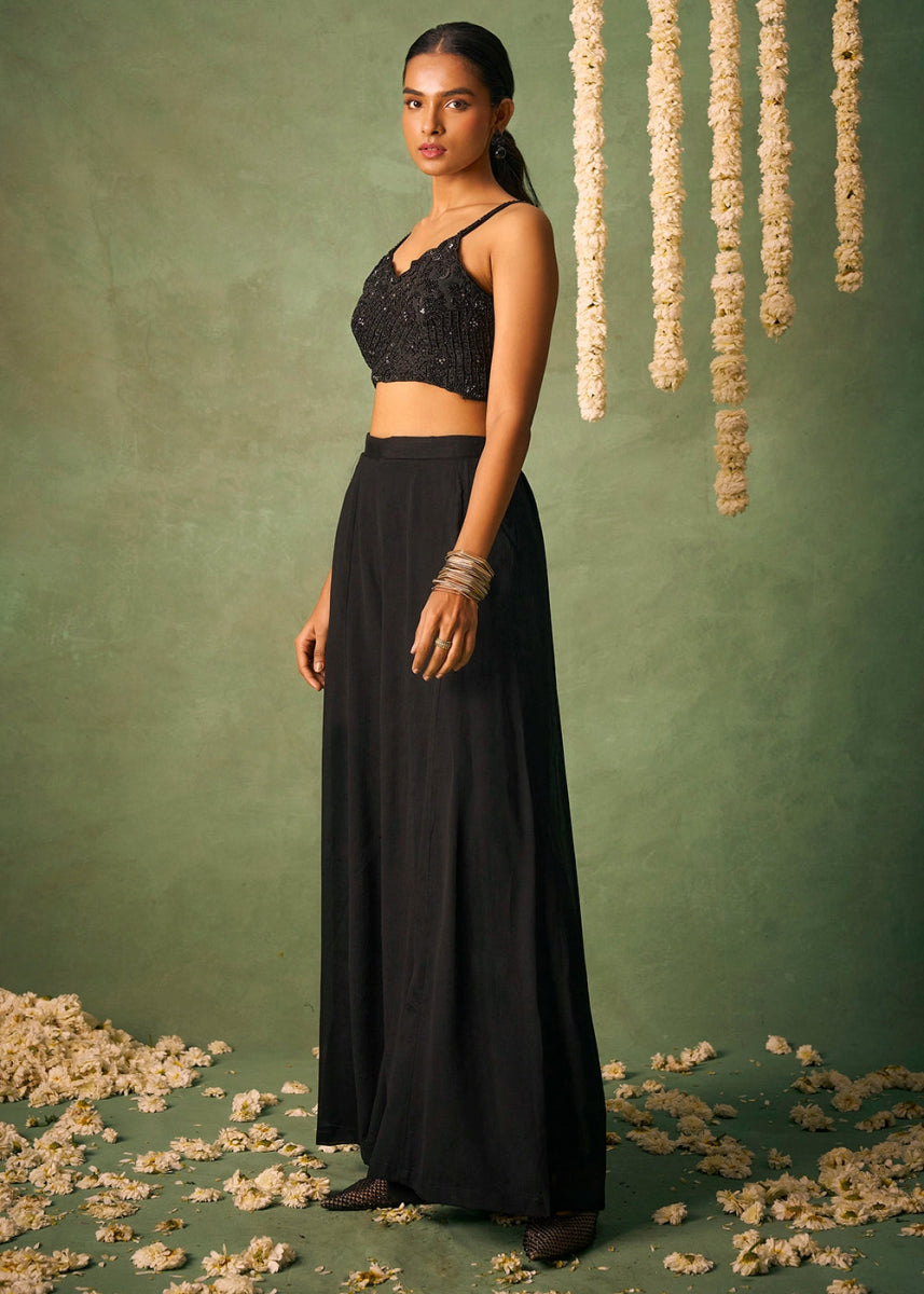 Onyx Black Palazzo Set with Sheer Organza Cape & Embroidery - House of Sarvati LLC
