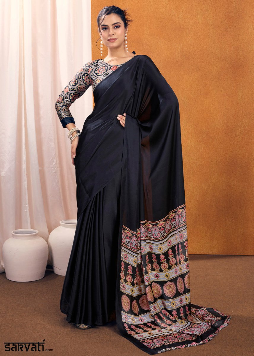 Onyx Black Satin Crepe Ajrakh Gala Printed Saree - House of Sarvati LLC