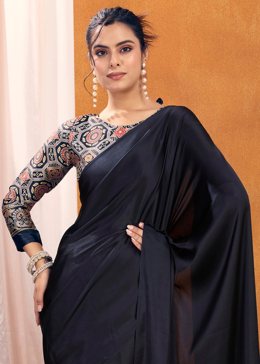 Onyx Black Satin Crepe Ajrakh Gala Printed Saree - House of Sarvati LLC
