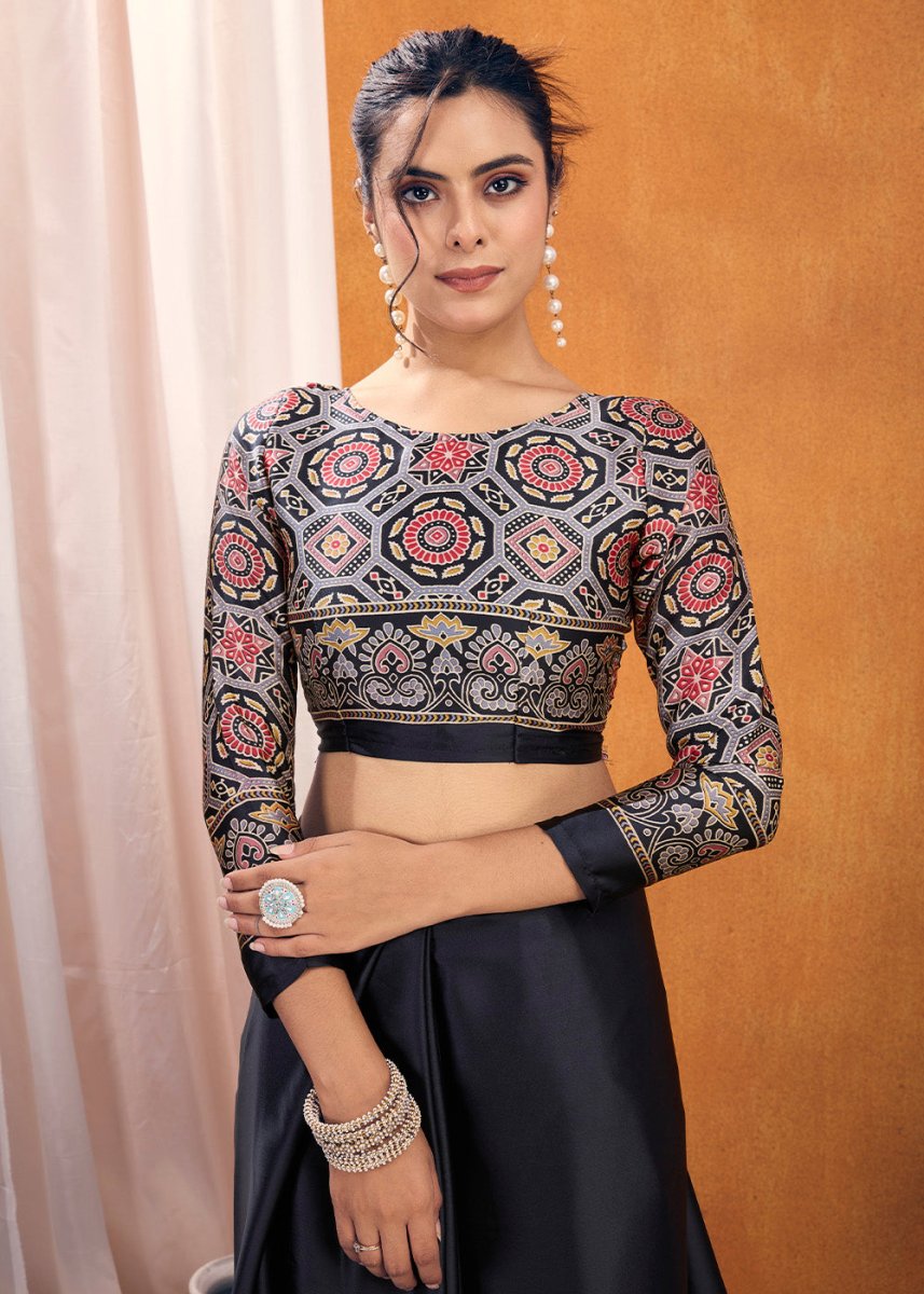 Onyx Black Satin Crepe Ajrakh Gala Printed Saree - House of Sarvati LLC