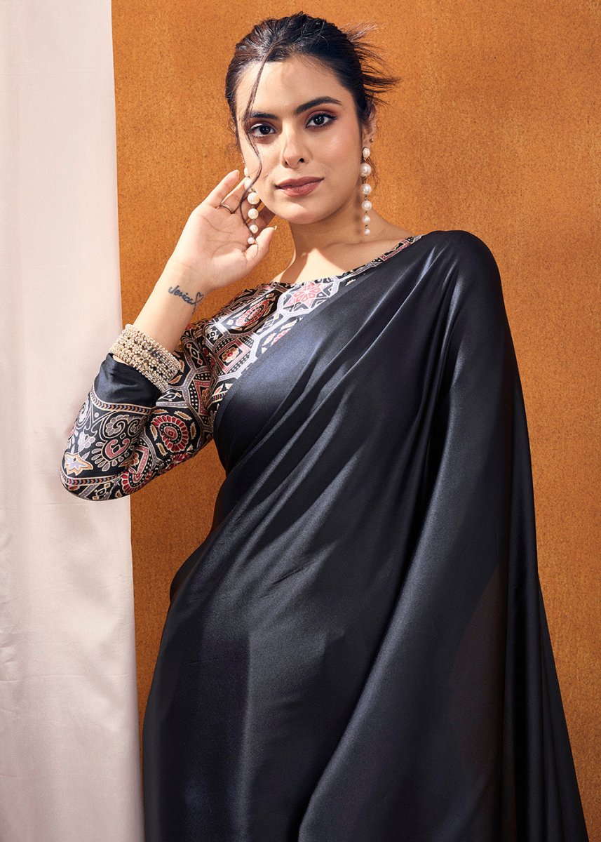 Onyx Black Satin Crepe Ajrakh Gala Printed Saree - House of Sarvati LLC