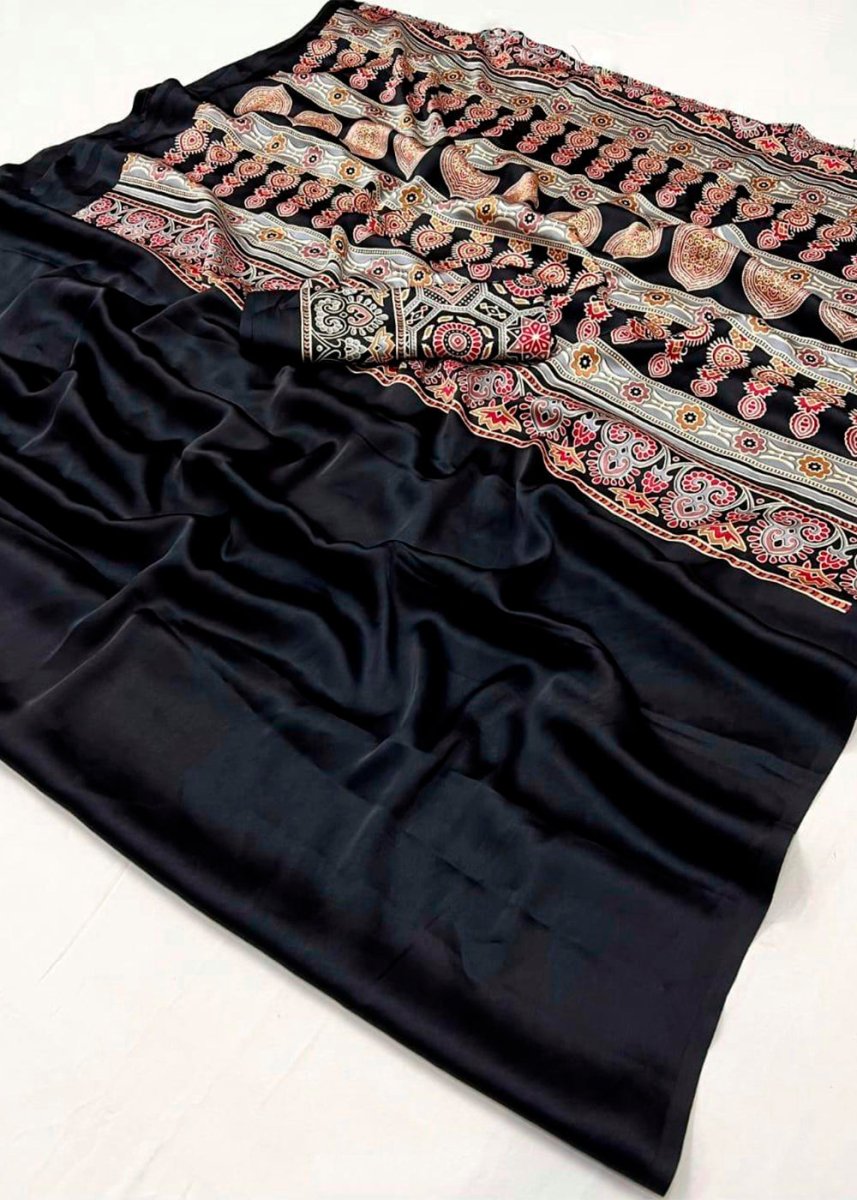 Onyx Black Satin Crepe Ajrakh Gala Printed Saree - House of Sarvati LLC
