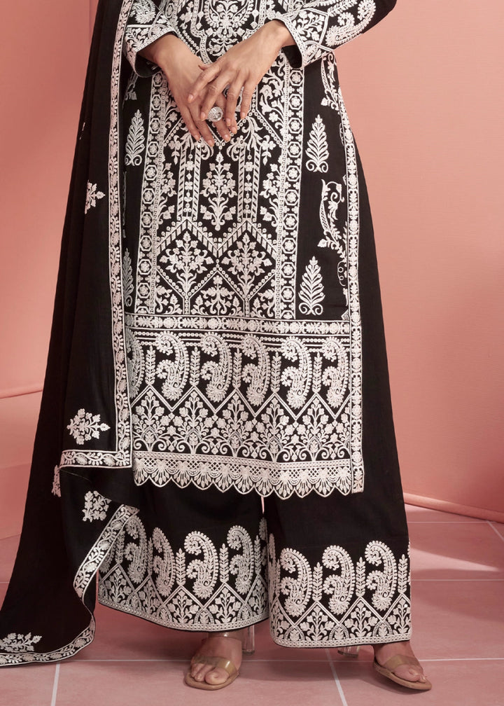 Onyx Black Silk Palazzo Suit with All - Over Embroidery - House of Sarvati LLC