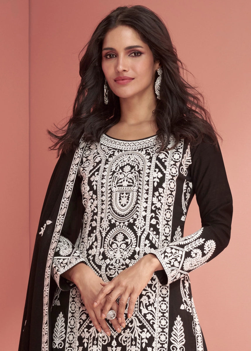 Onyx Black Silk Palazzo Suit with All - Over Embroidery - House of Sarvati LLC