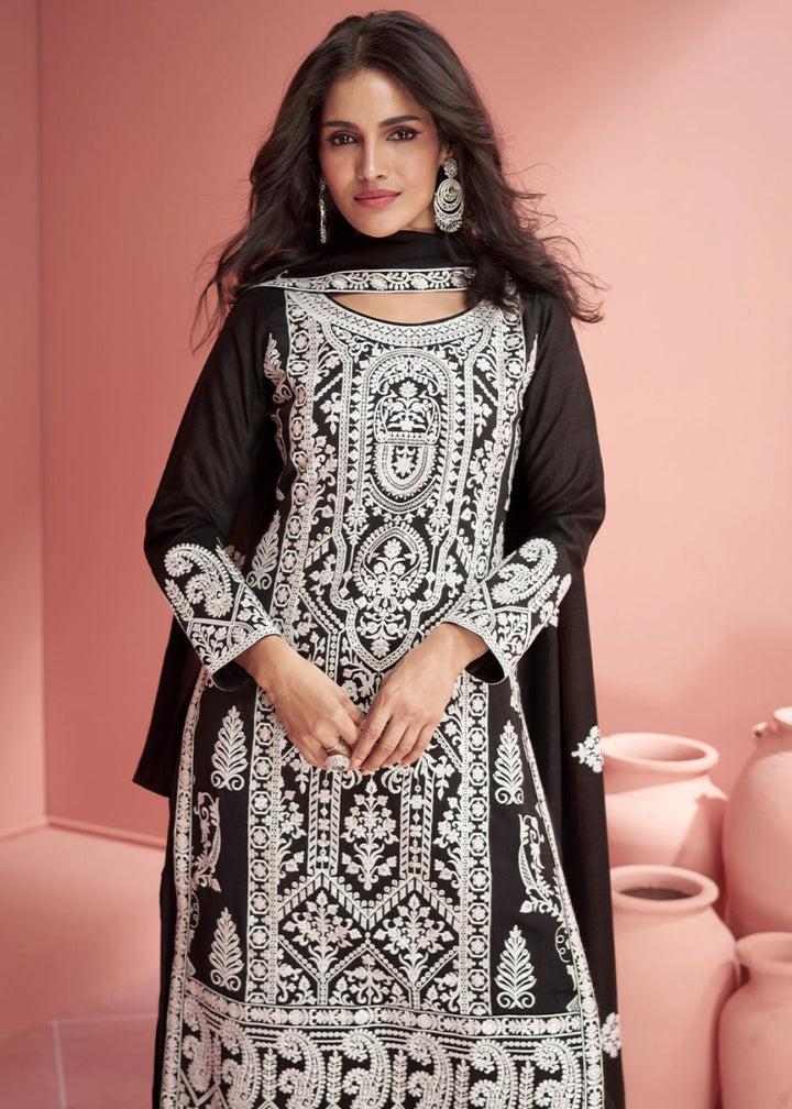Onyx Black Silk Palazzo Suit with All - Over Embroidery - House of Sarvati LLC