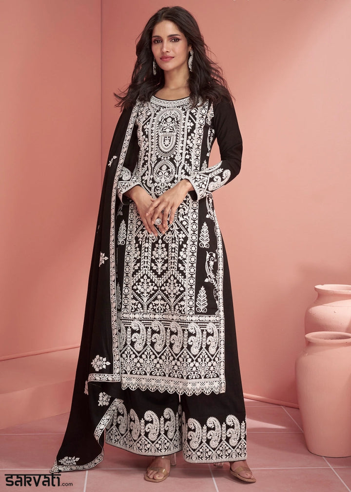 Onyx Black Silk Palazzo Suit with All - Over Embroidery - House of Sarvati LLC