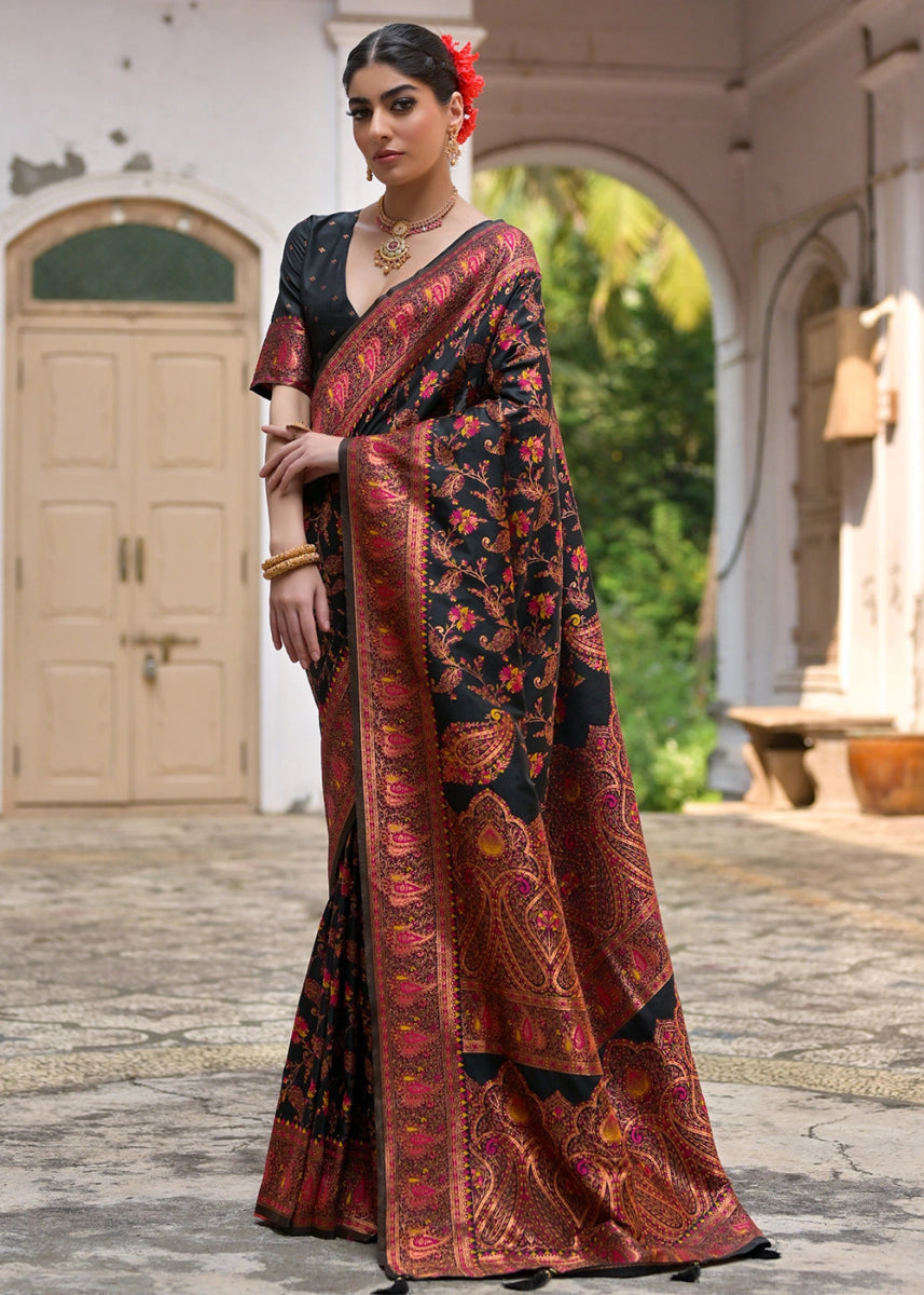 Onyx Black Silk Saree with Intricate Threadwork Floral Jaal - House of Sarvati LLC